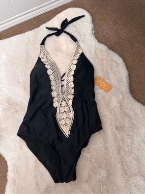 Kona Sol Black One-Piece Swimsuit with Cream Lace Trim